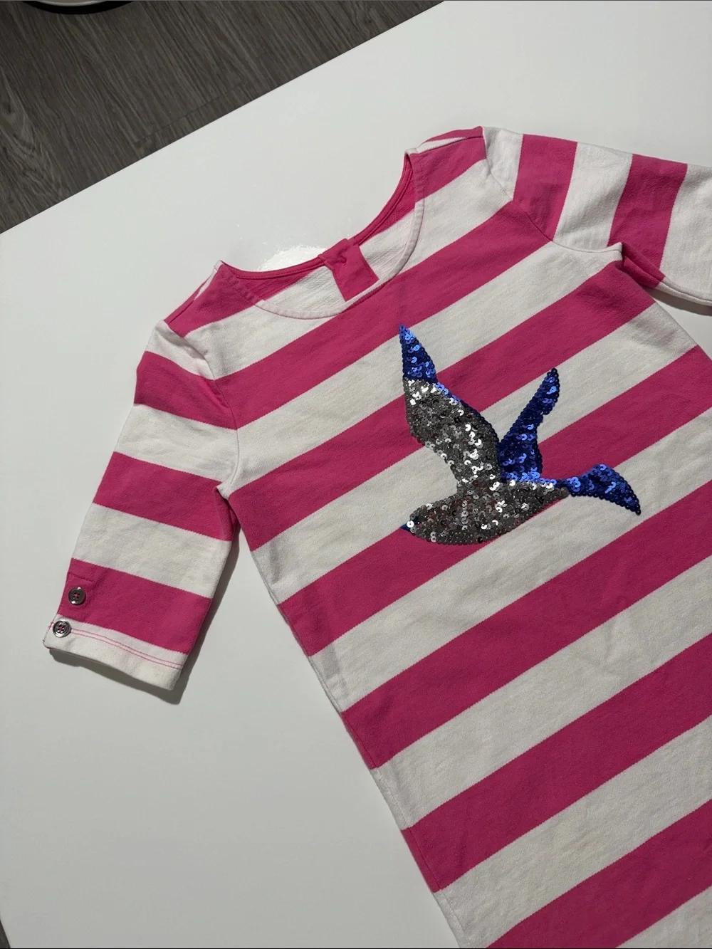Gymboree Girls Dress Pink White Striped Sequin Bird Soft Knit A Line Sz 12